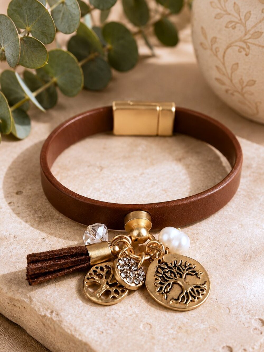 Tree of Life Charm Bracelet Brown Leather Nature Spiritual Woodland Symbolic NWT